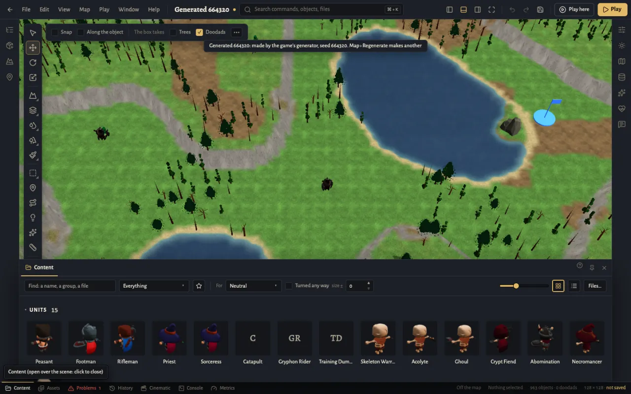 The Vanguard map editor content browser listing units to place