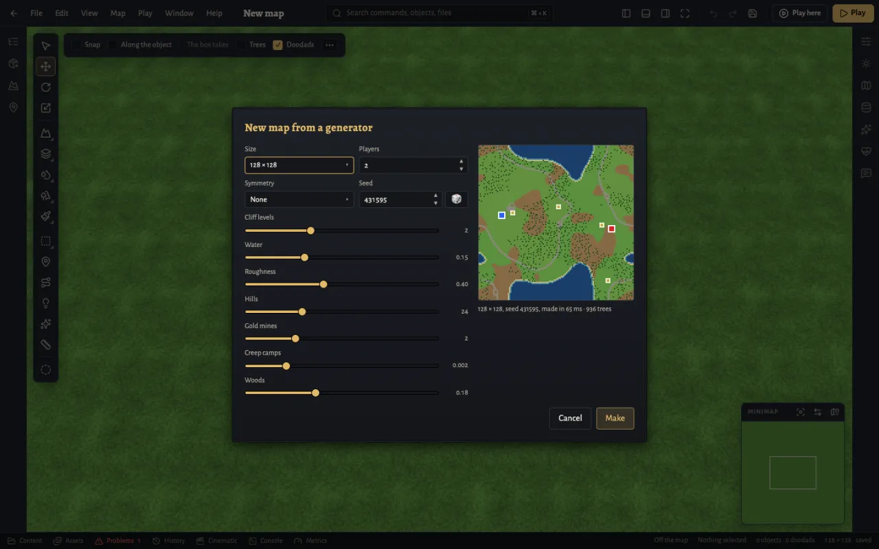 The map generator inside the Vanguard editor with a live preview