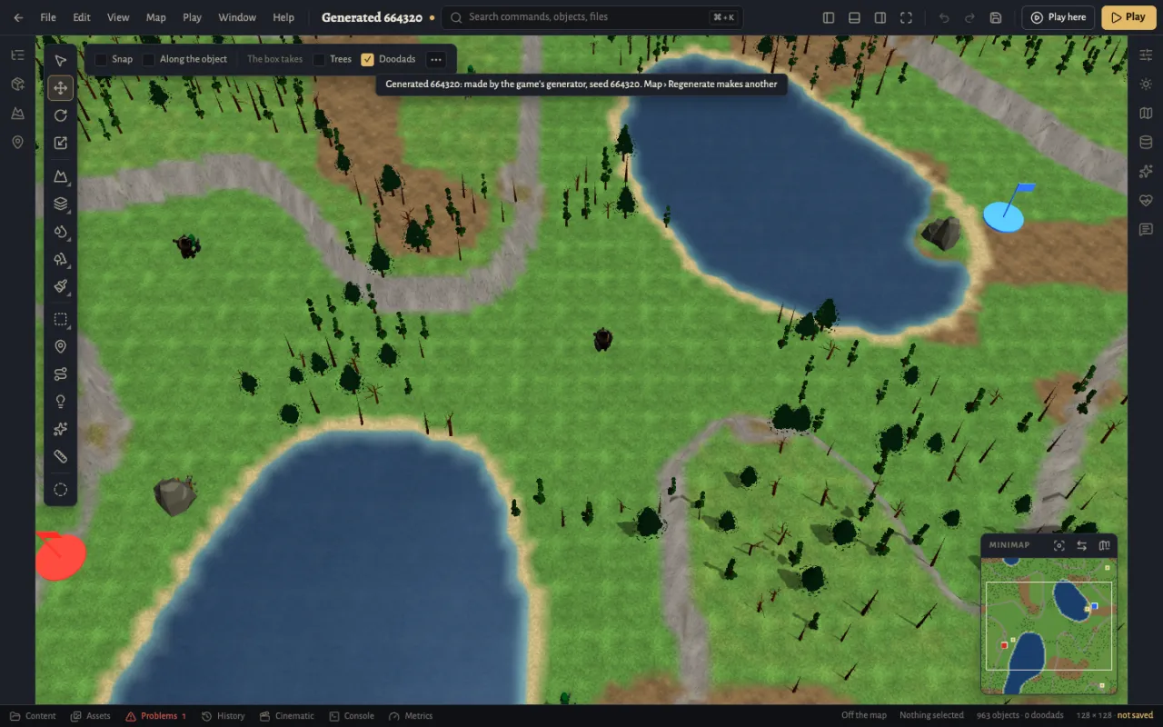 The Vanguard map editor showing a generated map with lakes, roads and forests