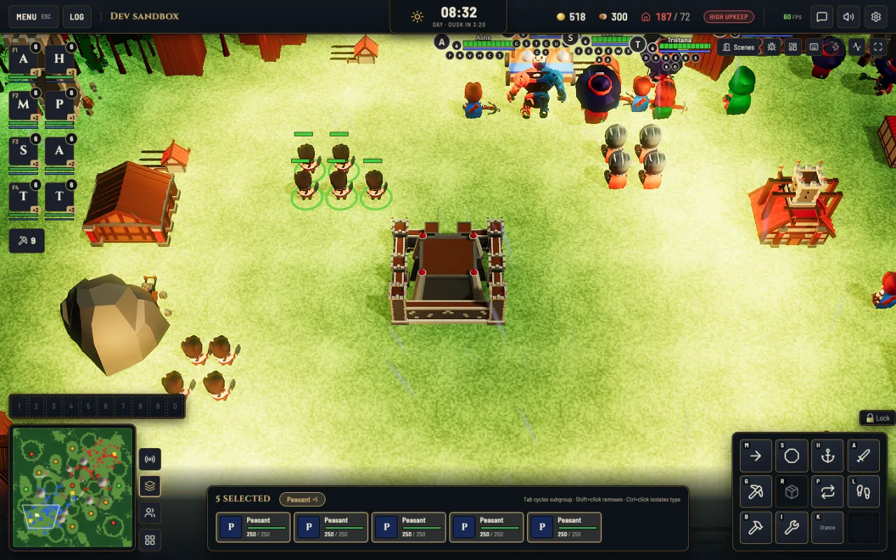 Five workers box-selected in Vanguard, shown as a group in the HUD