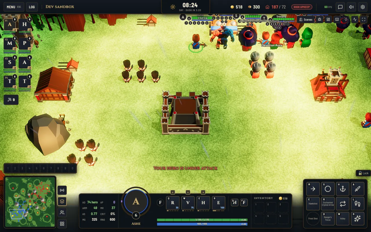 A hero selected in Vanguard, with portrait, stats, abilities and inventory in the HUD