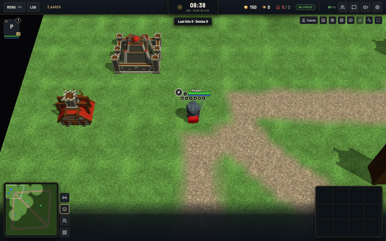Vanguard lanes mode with towers and a paladin hero