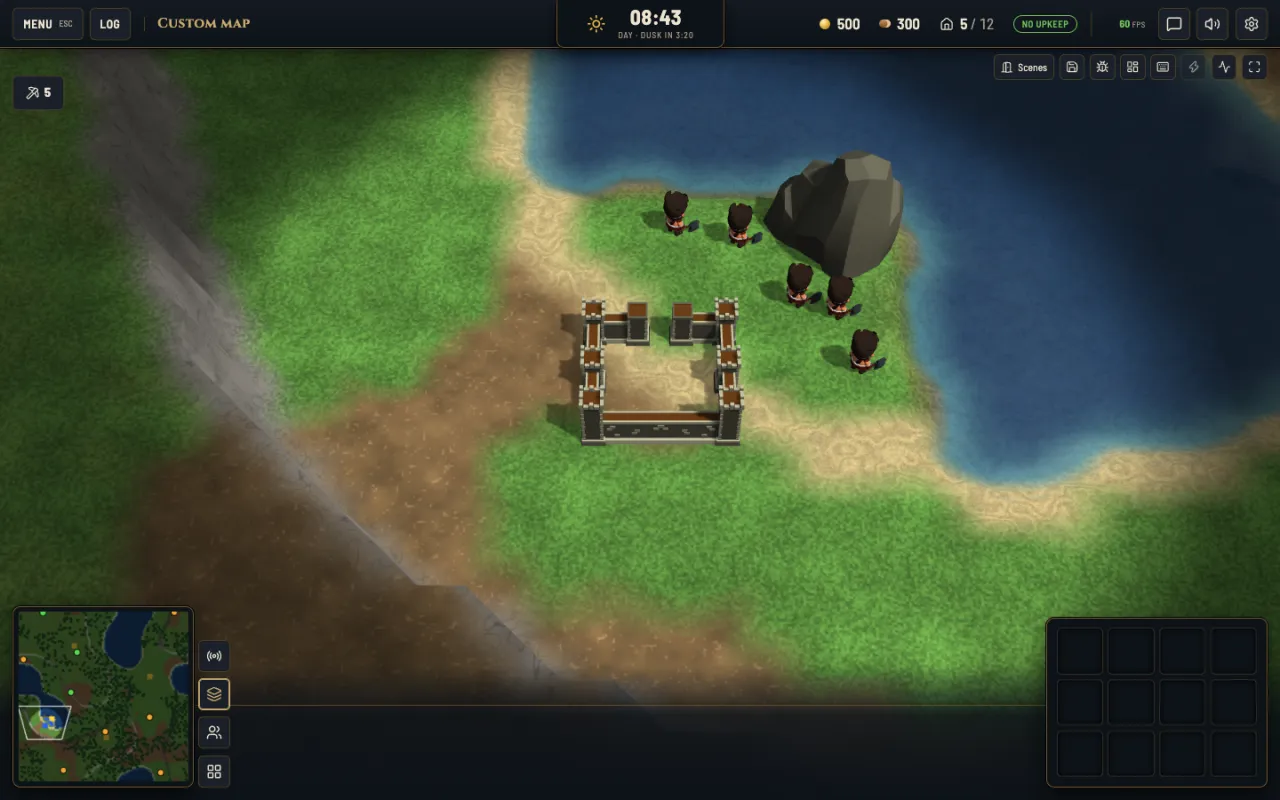 Vanguard melee game on a generated map with water, cliffs and a town hall