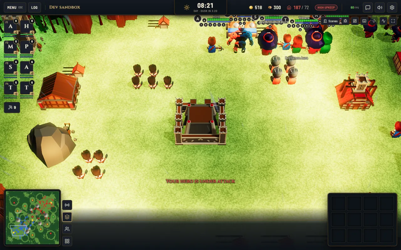 Vanguard dev sandbox with heroes, auras and a battle